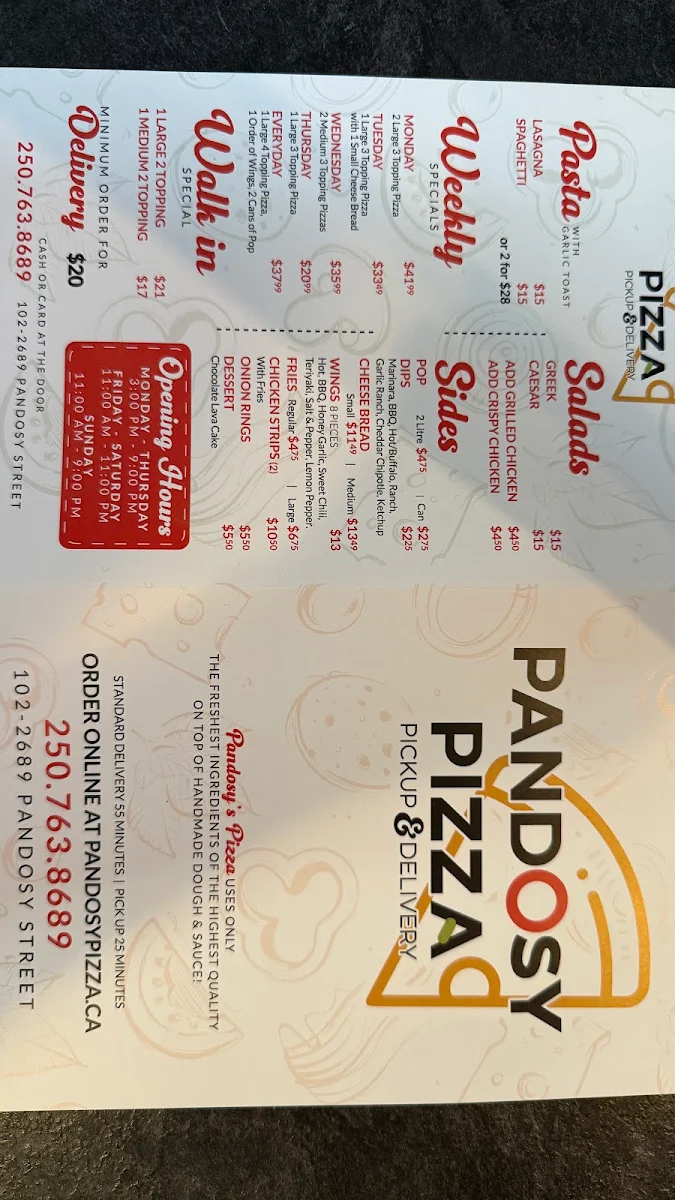 Menu, Pandosy pizza