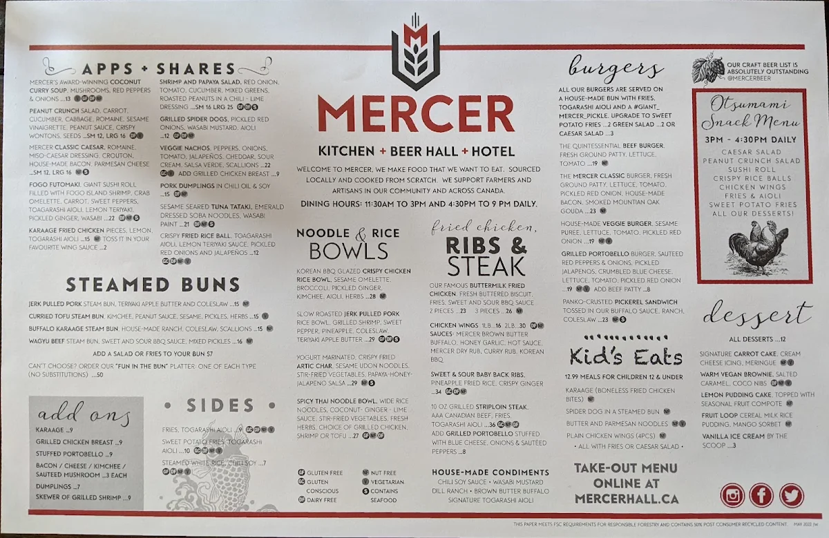 Menu, Mercer Kitchen | Beer Hall