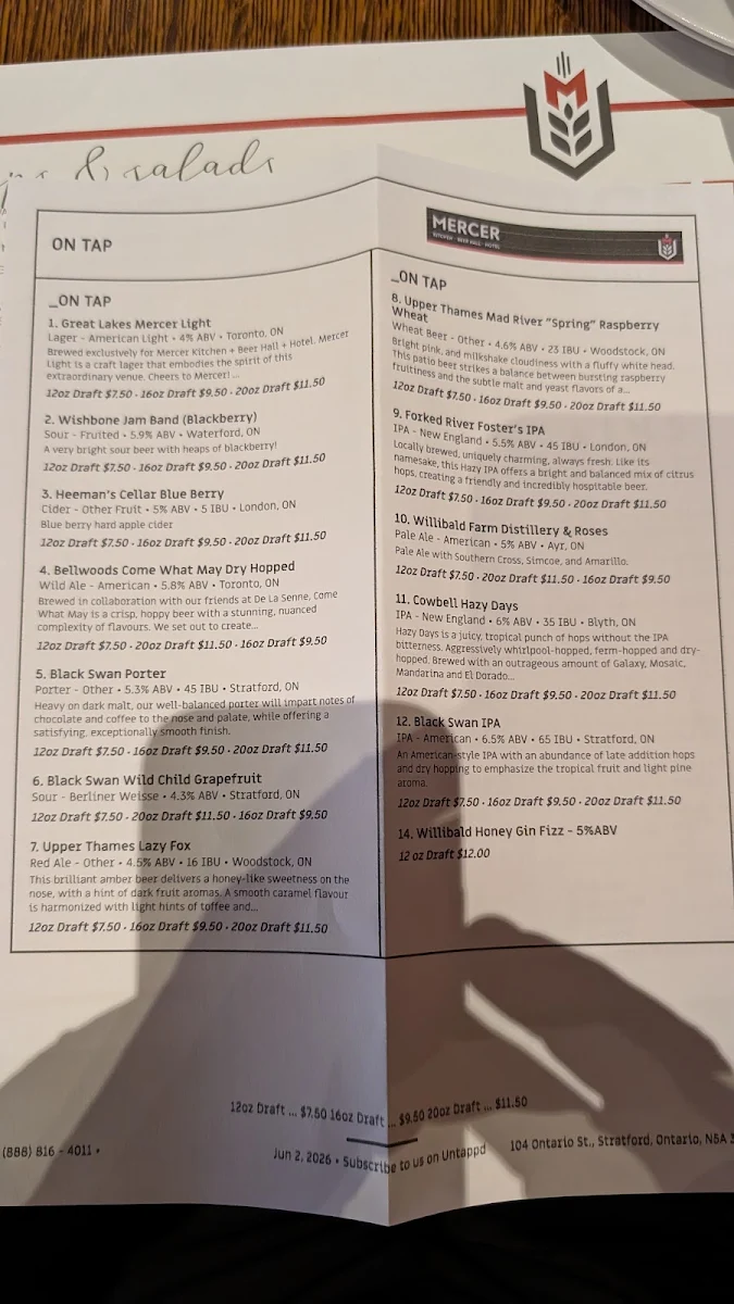 Menu, Mercer Kitchen | Beer Hall