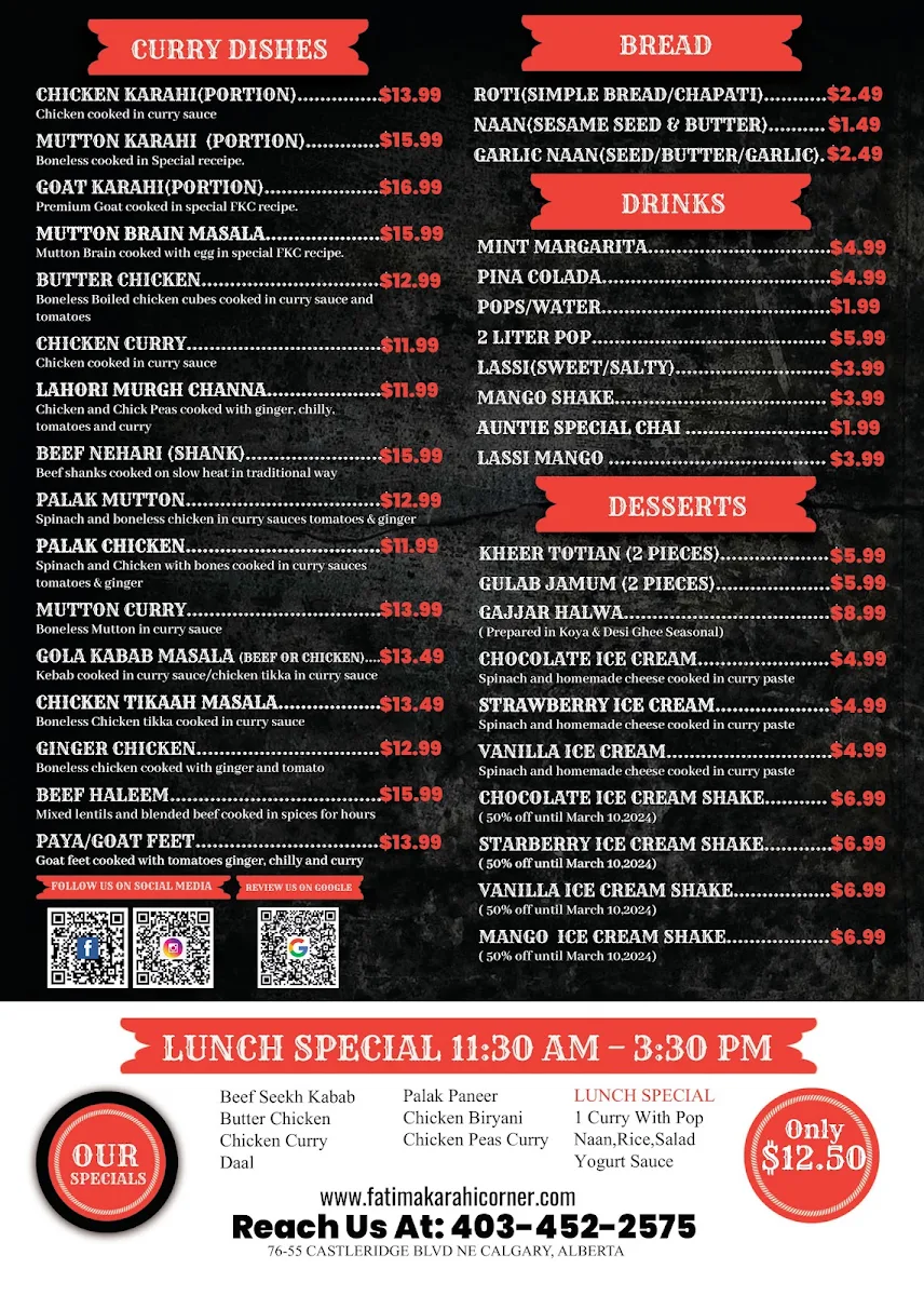 Menu, Fatima Karahi Restaurant & Banquet Hall