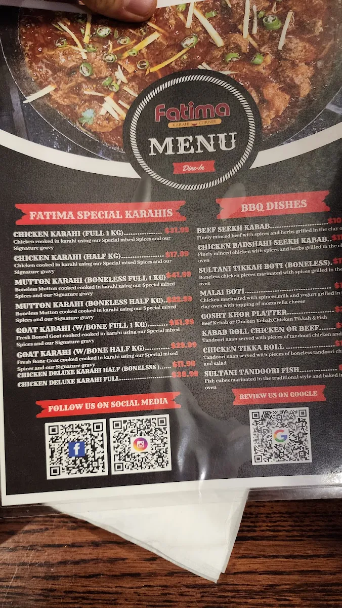Menu, Fatima Karahi Restaurant & Banquet Hall
