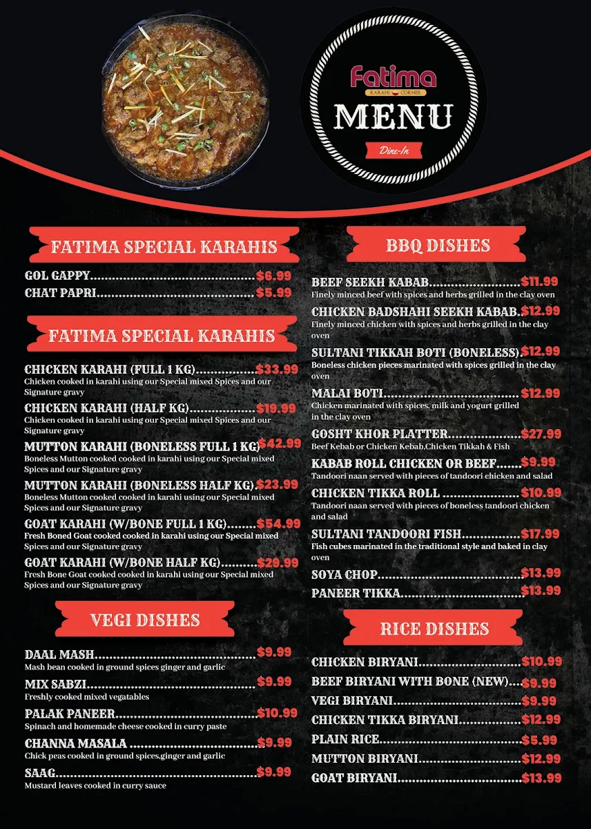 Menu, Fatima Karahi Restaurant & Banquet Hall