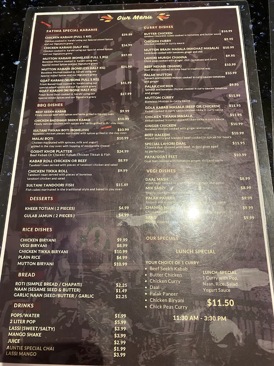 Menu, Fatima Karahi Restaurant & Banquet Hall