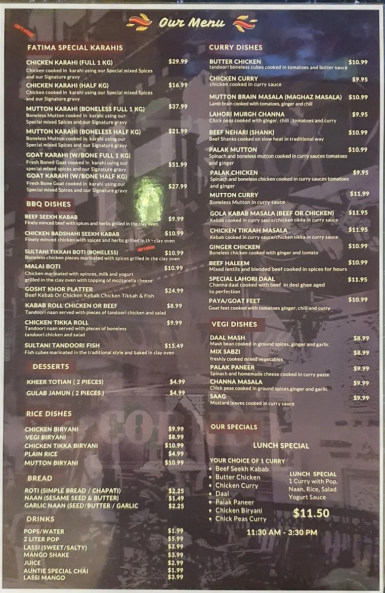 Menu, Fatima Karahi Restaurant & Banquet Hall