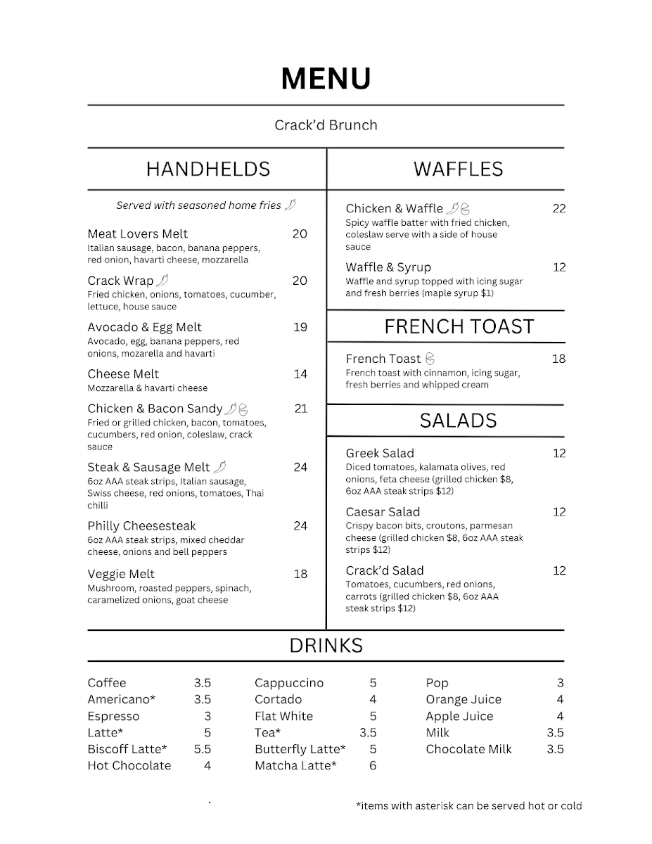 Menu, Crack'd Brunch