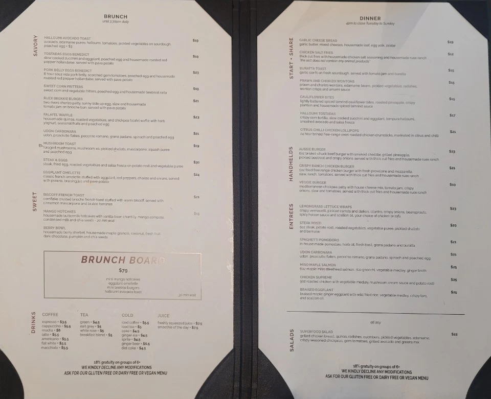 Menu, Ruex Cafe and Bar