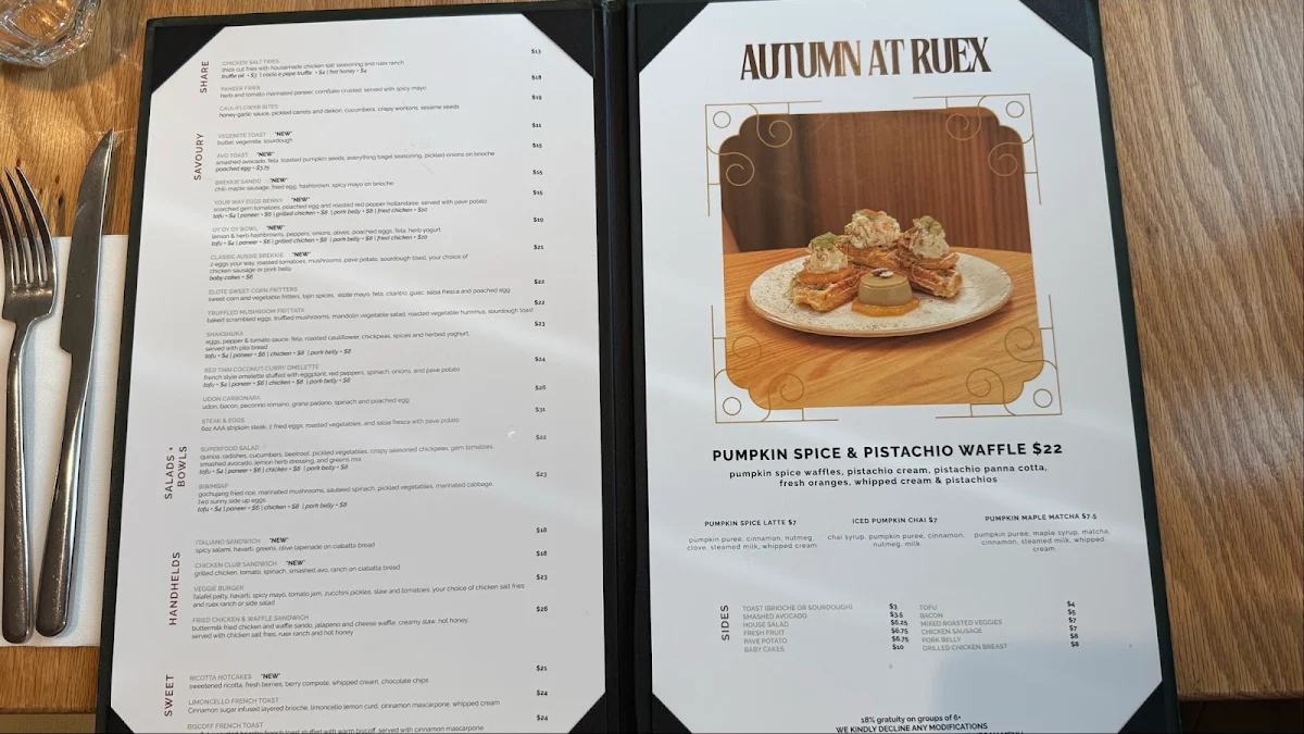 Menu, Ruex Cafe and Bar