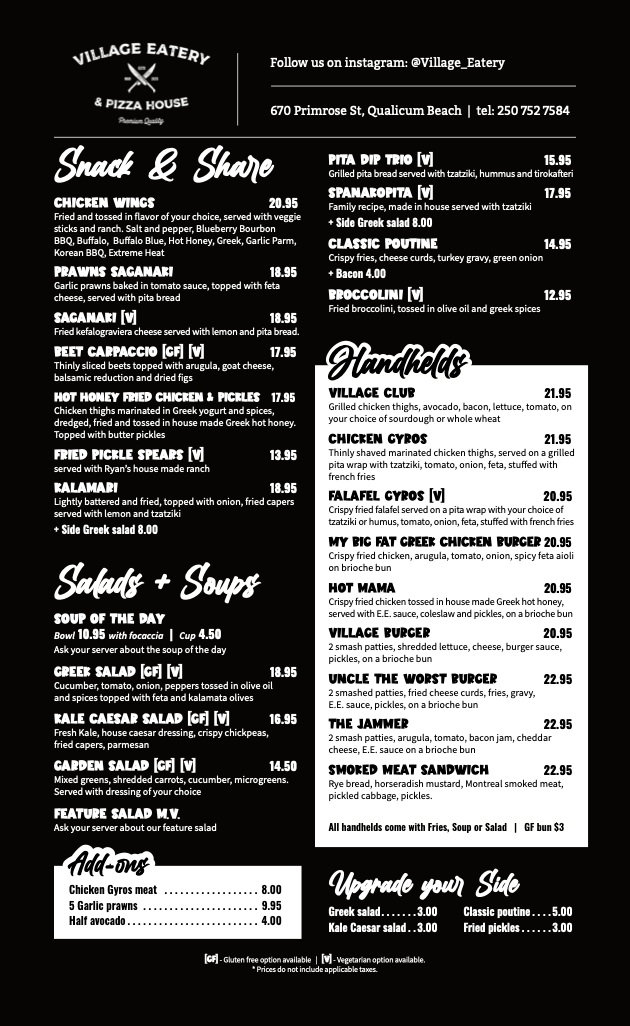 Menu, Village Eatery
