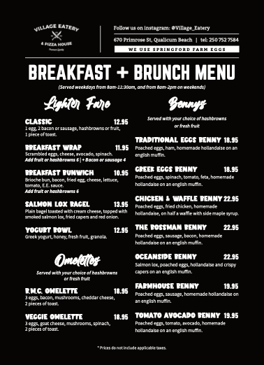 Menu, Village Eatery