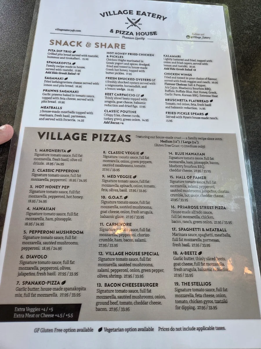 Menu, Village Eatery