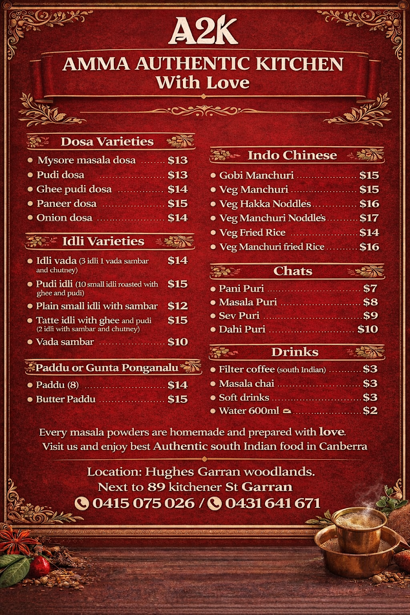 Menu, A2K Amma Authentic Kitchen