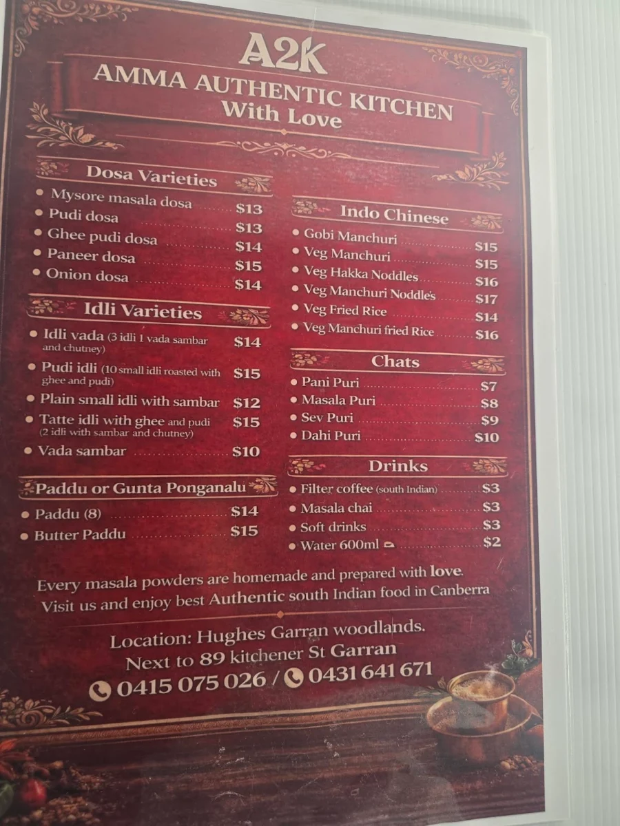Menu, A2K Amma Authentic Kitchen