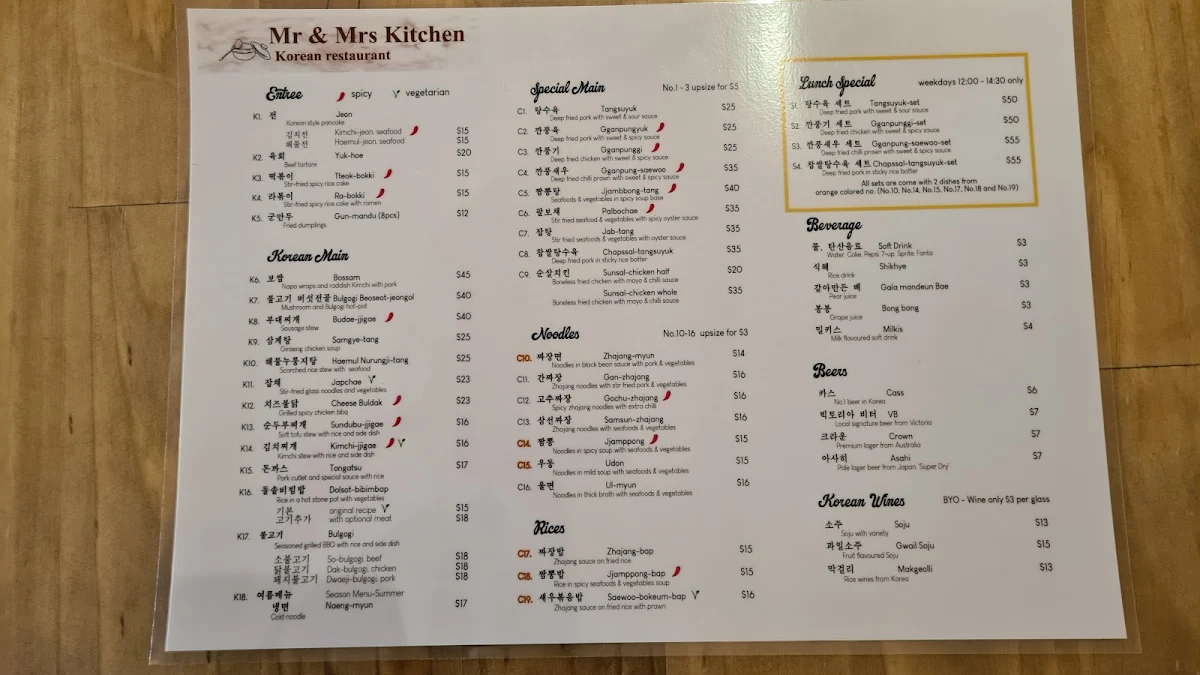 Menu, Mr & Mrs Kitchen Korean Restaurant