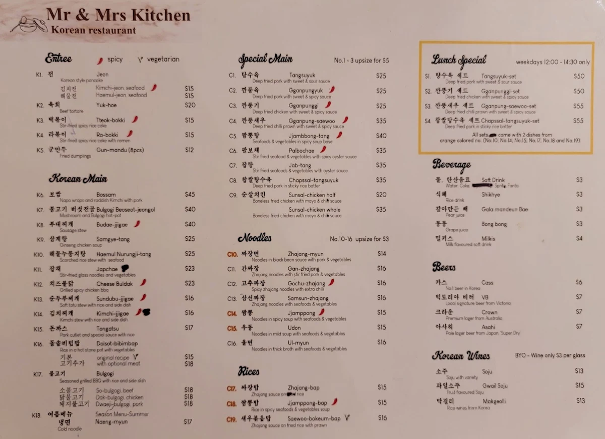 Menu, Mr & Mrs Kitchen Korean Restaurant