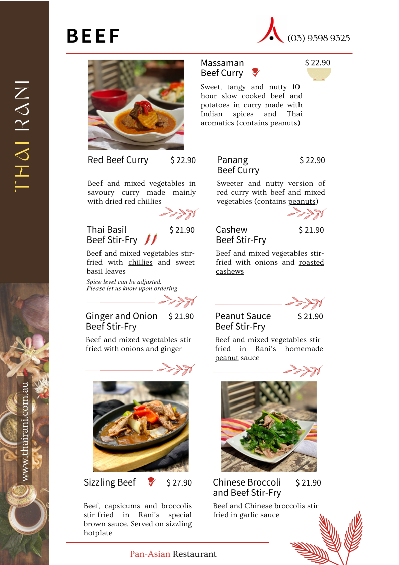 Menu, Thai Rani