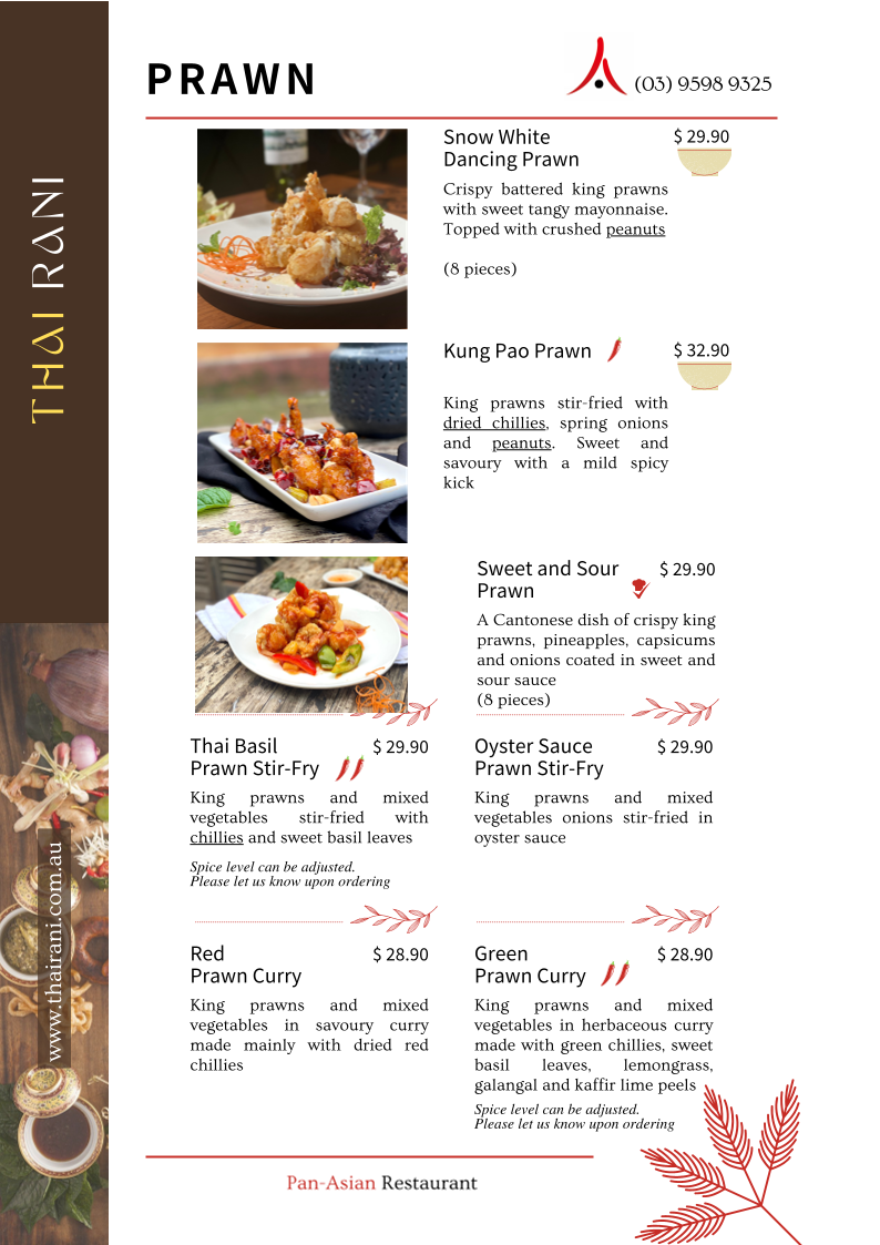 Menu, Thai Rani
