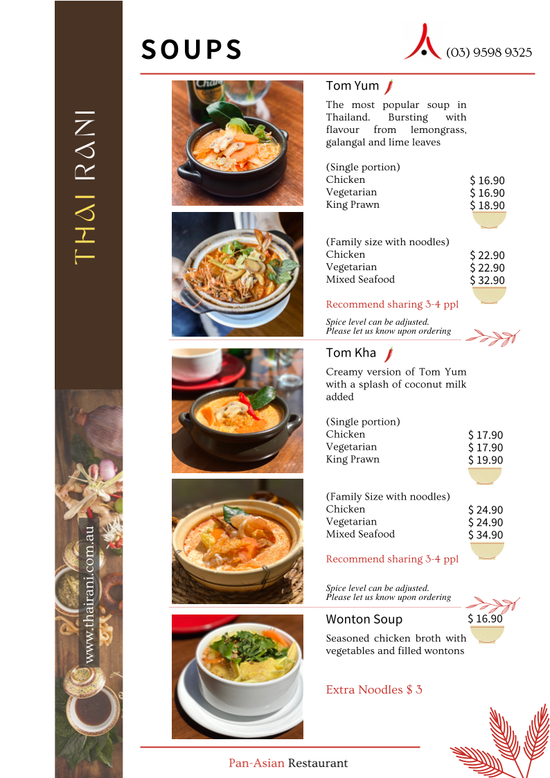 Menu, Thai Rani