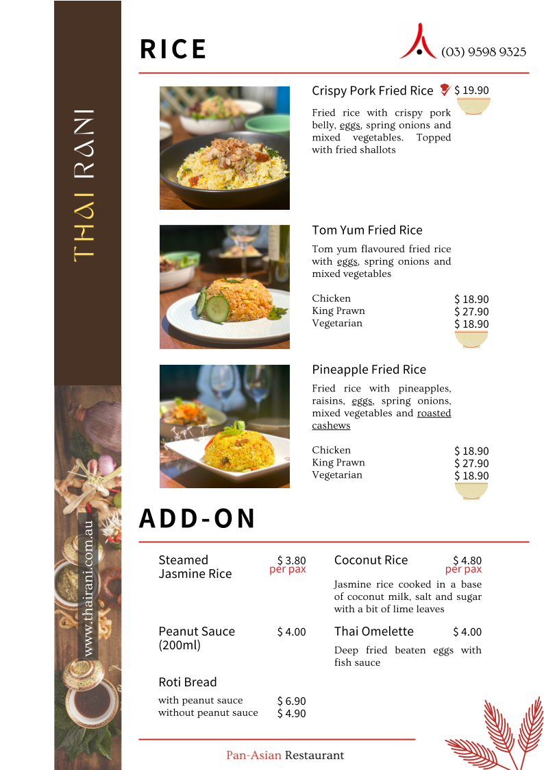 Menu, Thai Rani