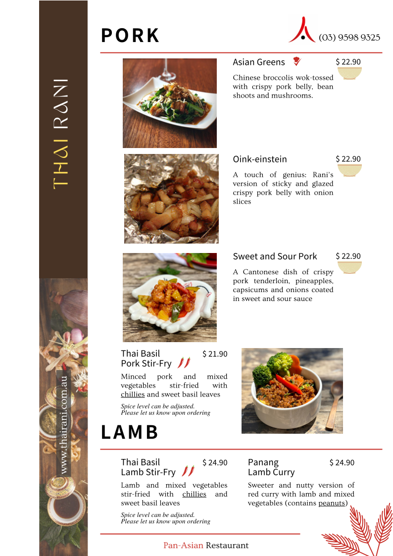 Menu, Thai Rani