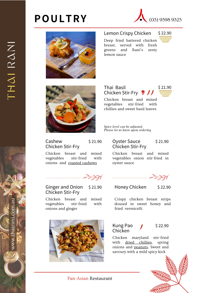 Menu, Thai Rani