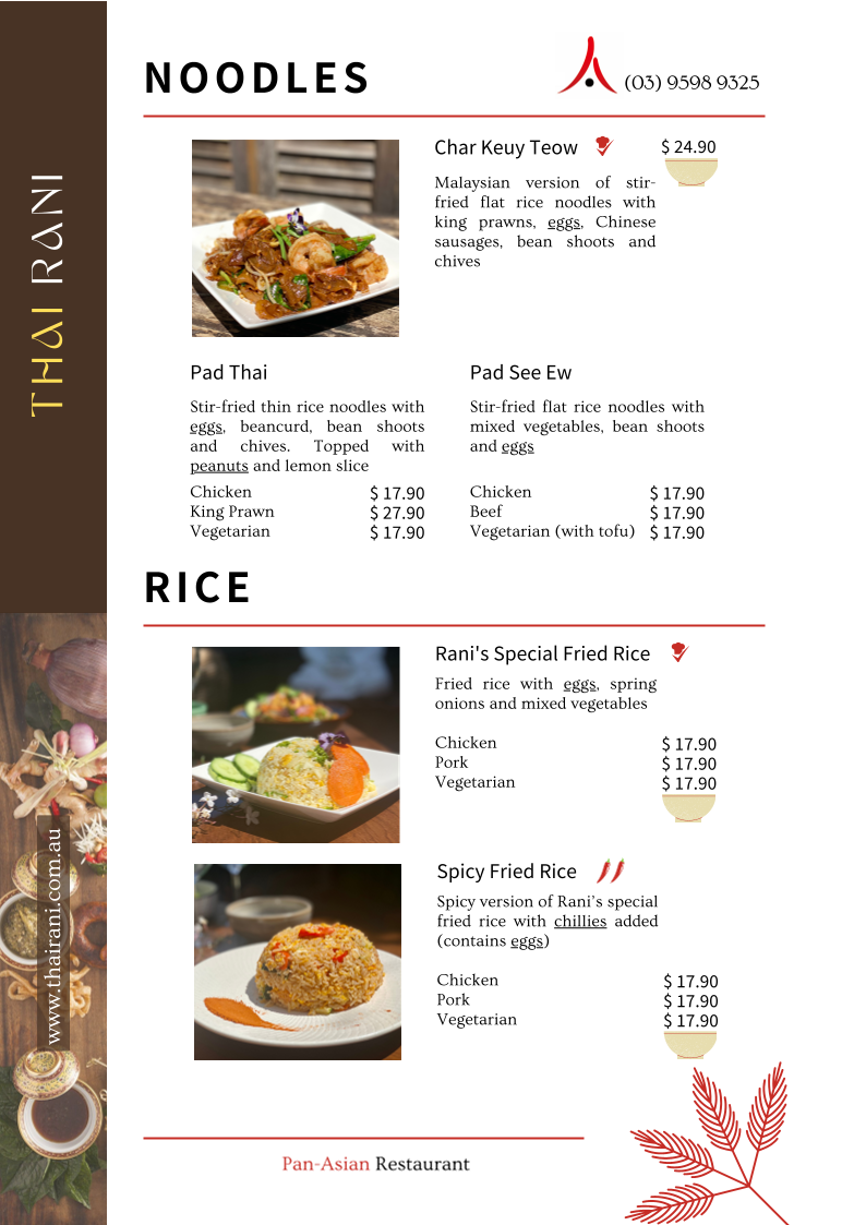 Menu, Thai Rani
