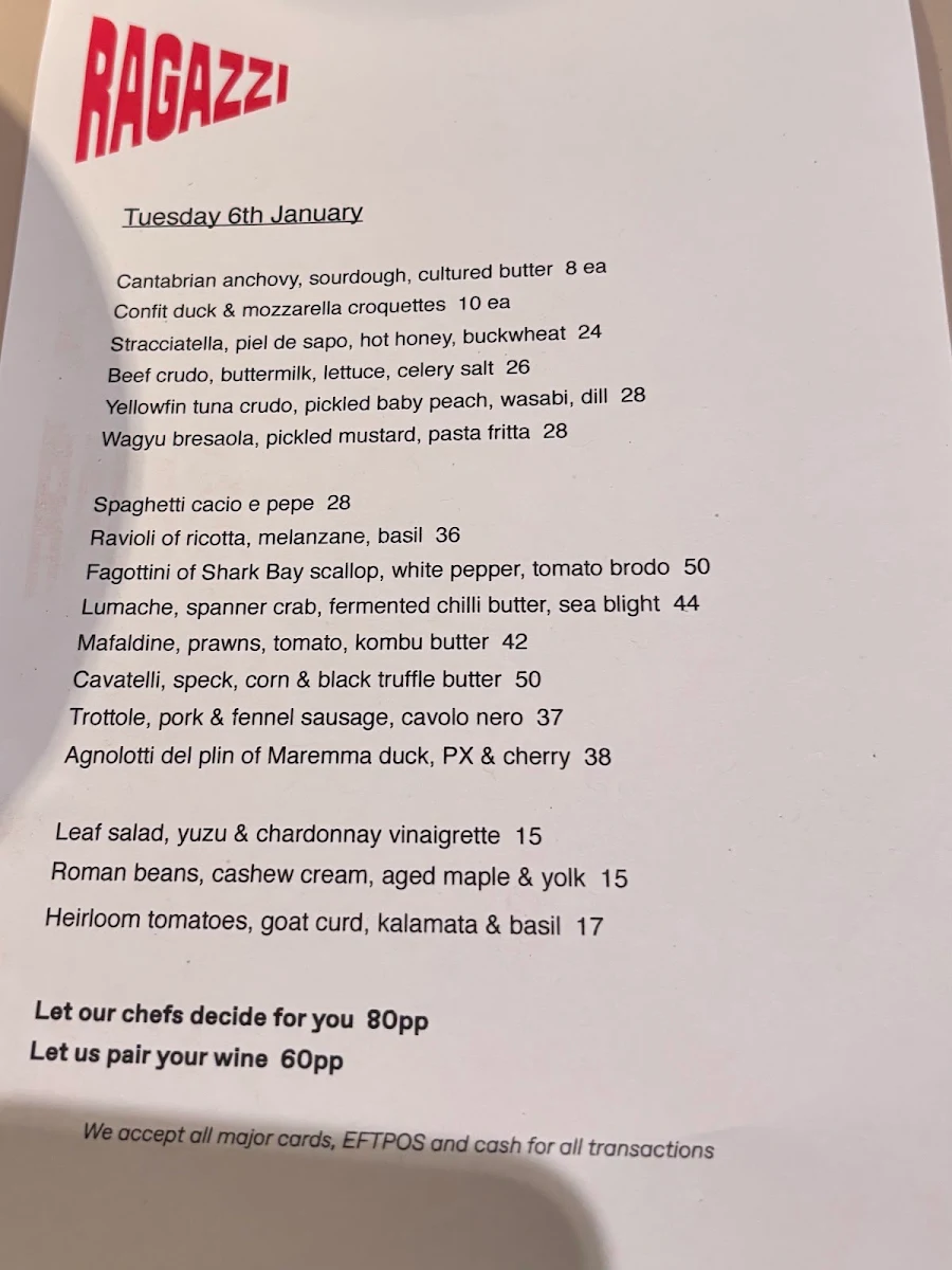 Menu, Ragazzi