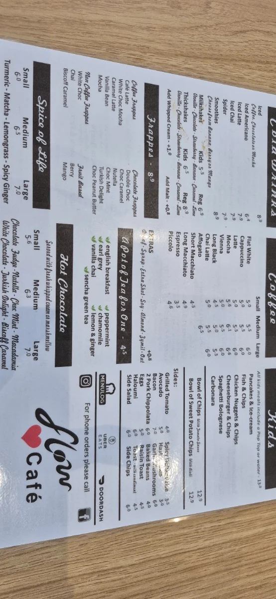 Menu, Flow Cafe