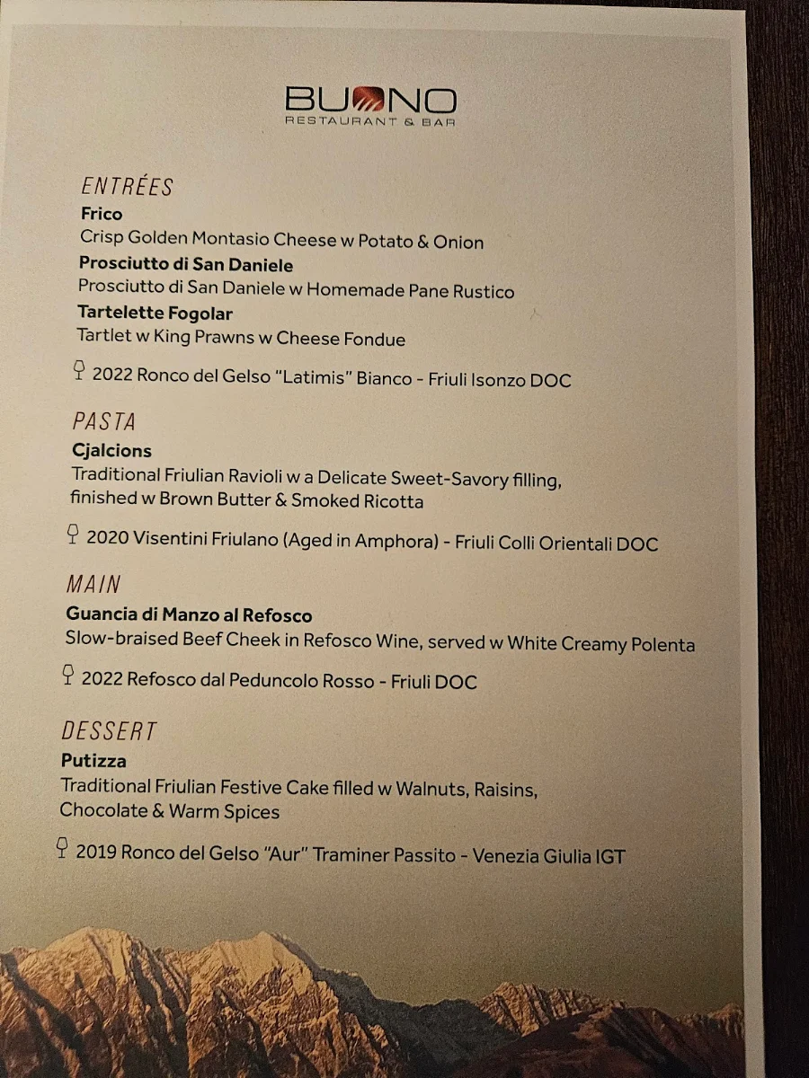 Menu, Buono Restaurant & Bar