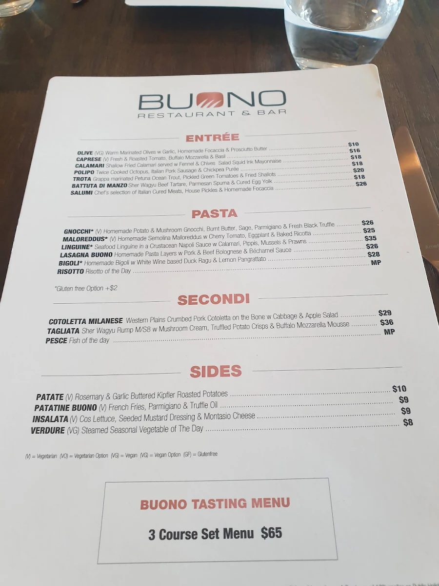 Menu, Buono Restaurant & Bar
