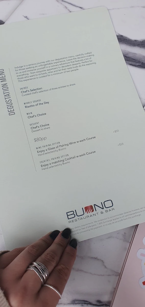 Menu, Buono Restaurant & Bar