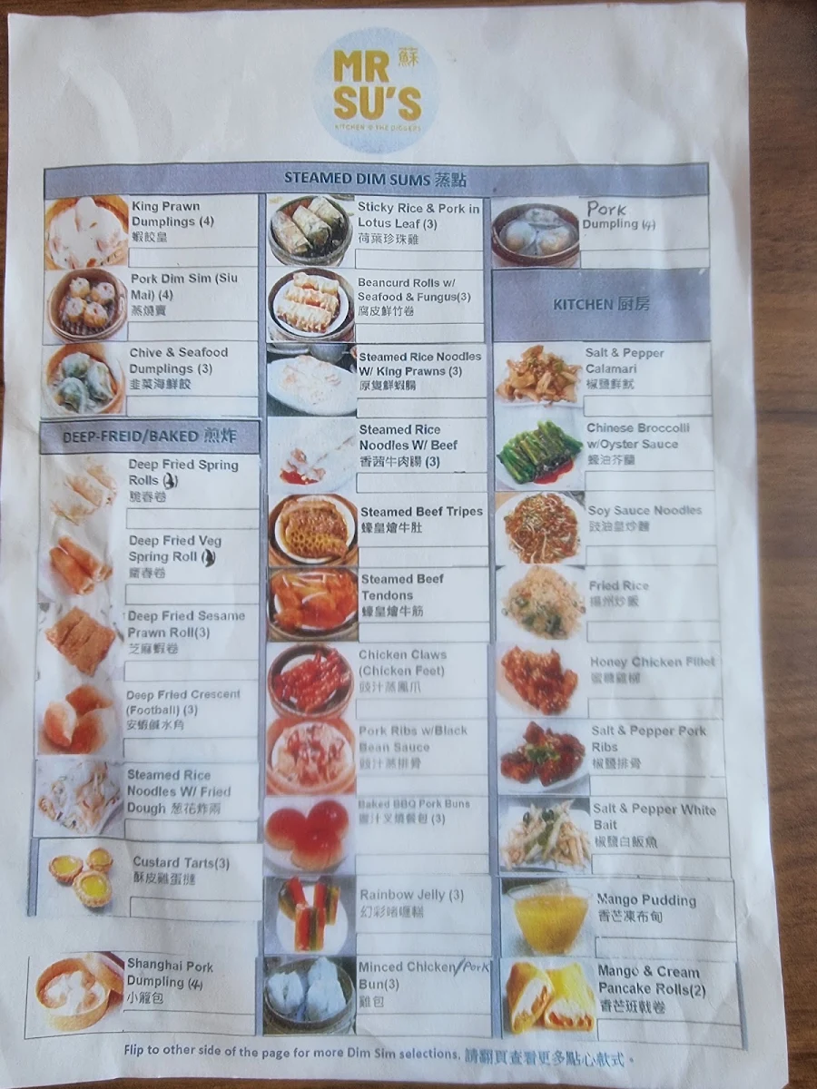 Menu, Mr Su's Kitchen at St Marys Diggers