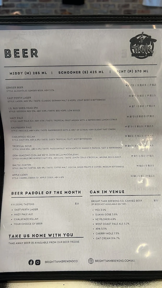 Menu, Bright Tank Brewing Co