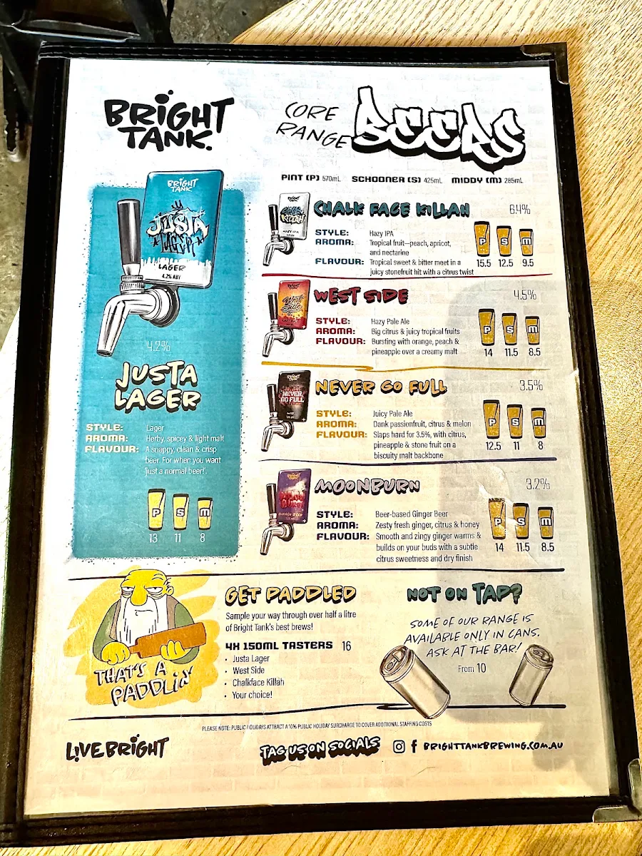 Menu, Bright Tank Brewing Co