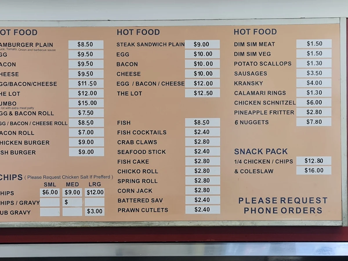 Menu, Orana Takeaway