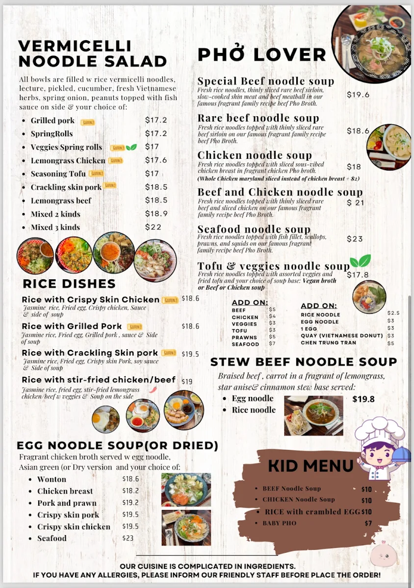 Menu, Pho Bui Vietnamese restaurant