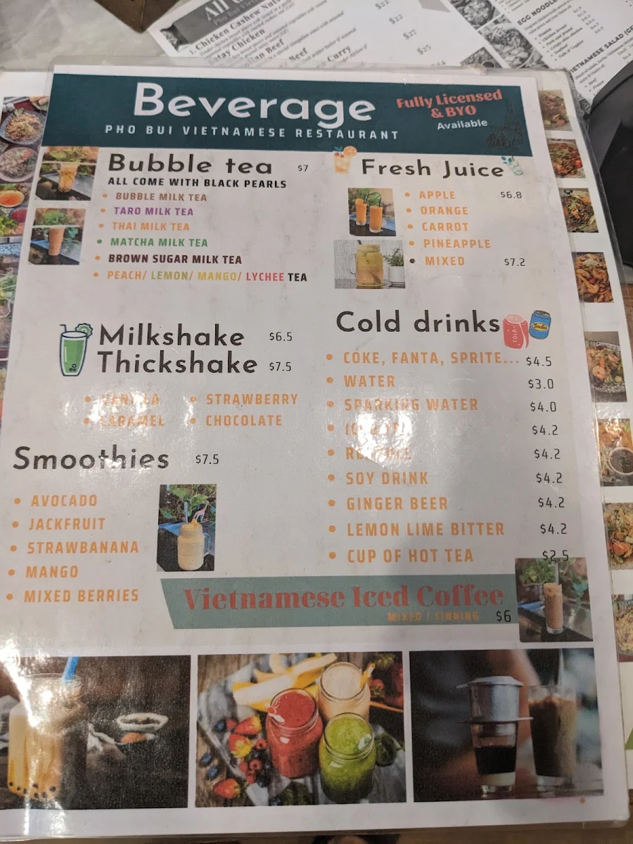 Menu, Pho Bui Vietnamese restaurant