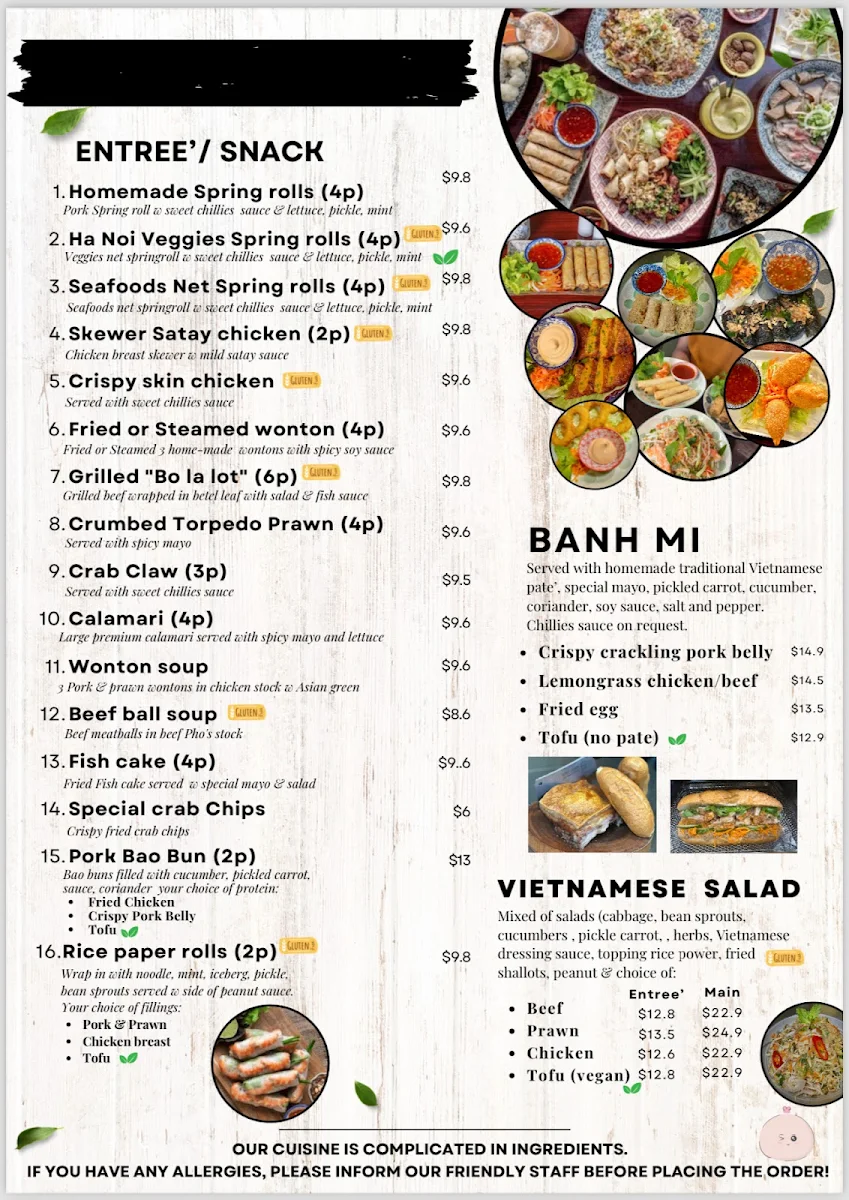 Menu, Pho Bui Vietnamese restaurant