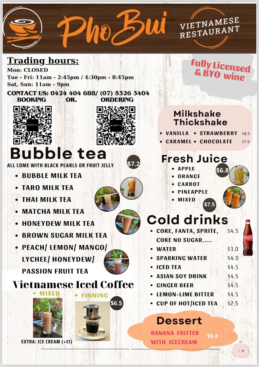 Menu, Pho Bui Vietnamese restaurant