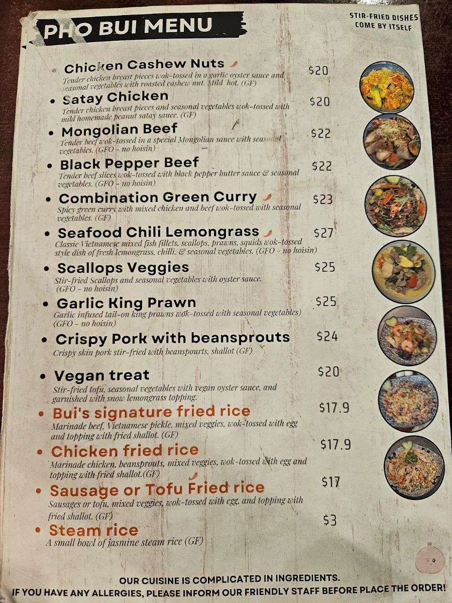 Menu, Pho Bui Vietnamese restaurant