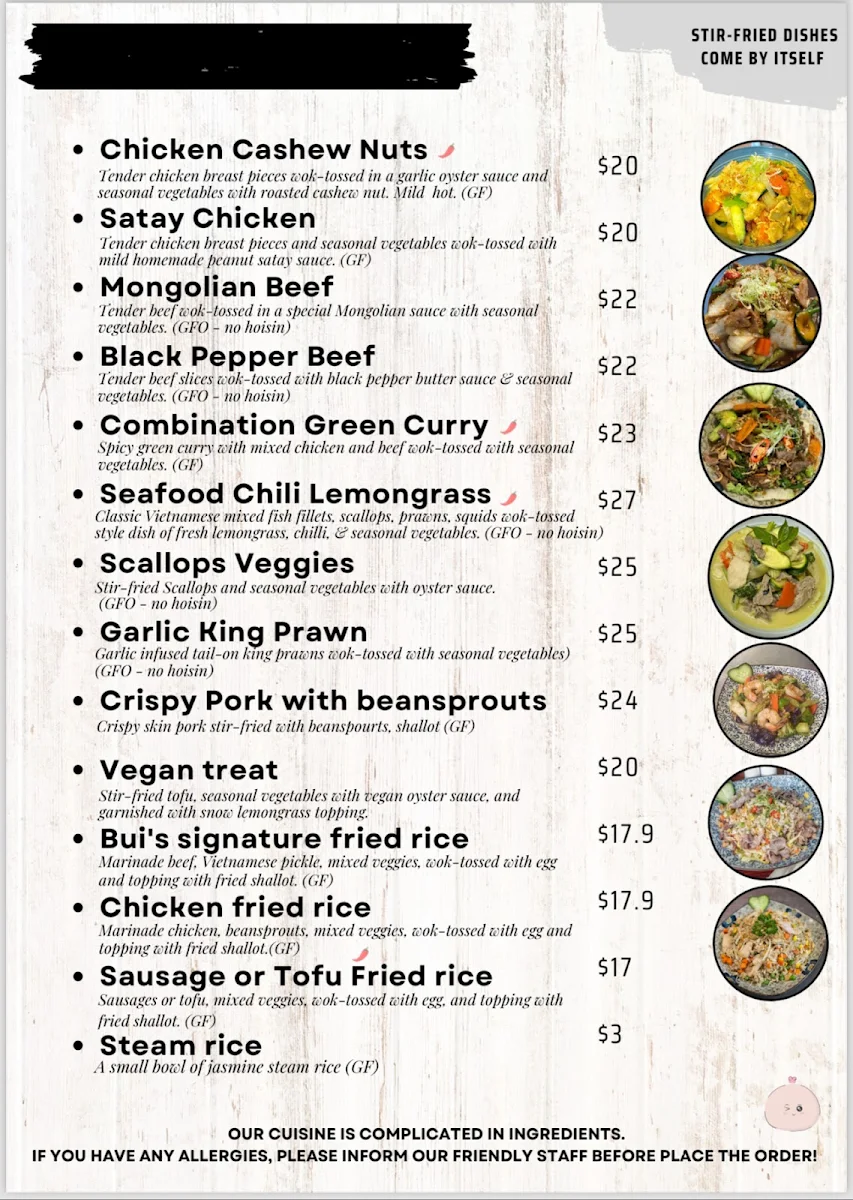 Menu, Pho Bui Vietnamese restaurant