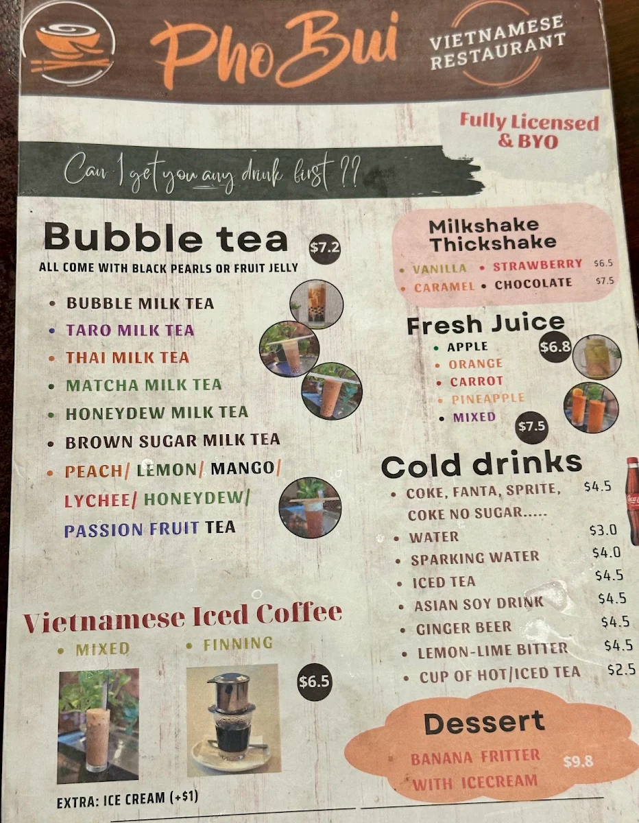 Menu, Pho Bui Vietnamese restaurant