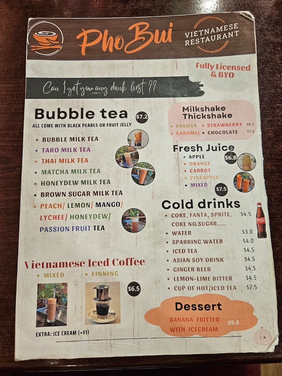 Menu, Pho Bui Vietnamese restaurant