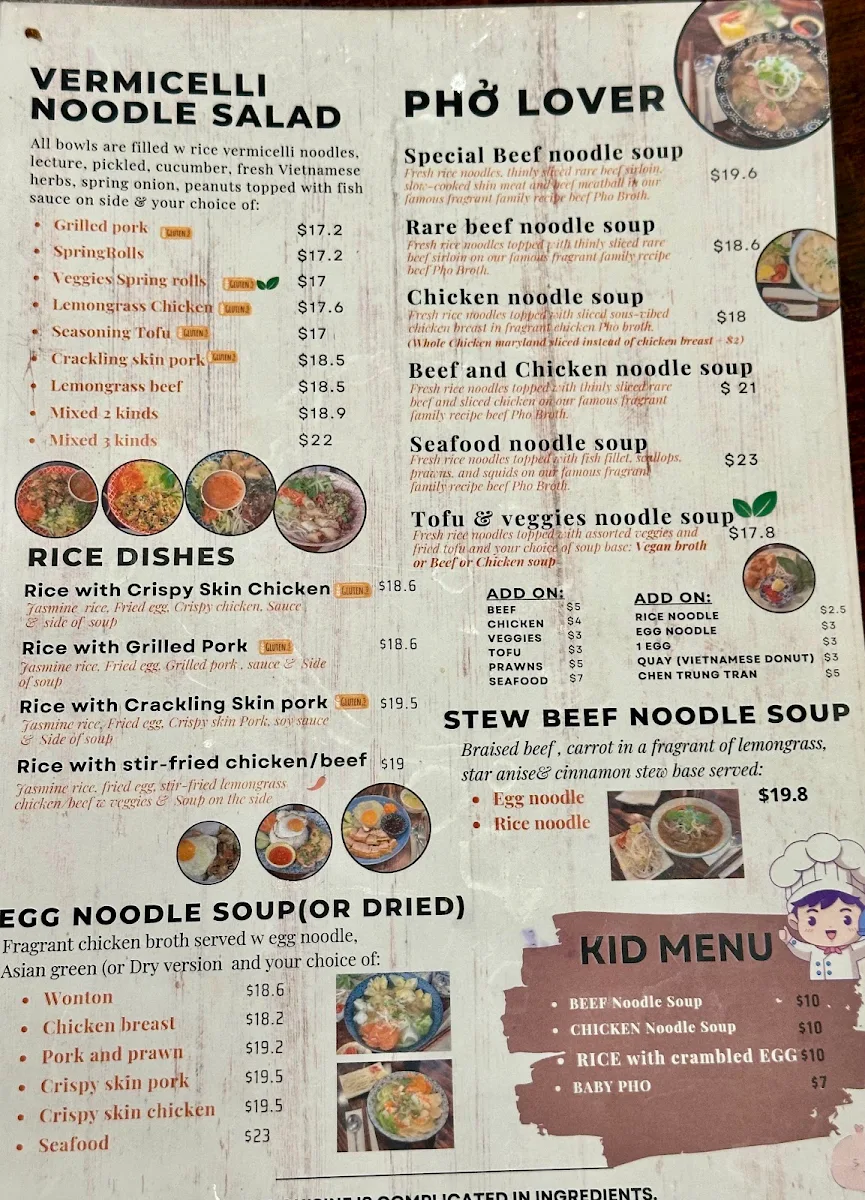 Menu, Pho Bui Vietnamese restaurant