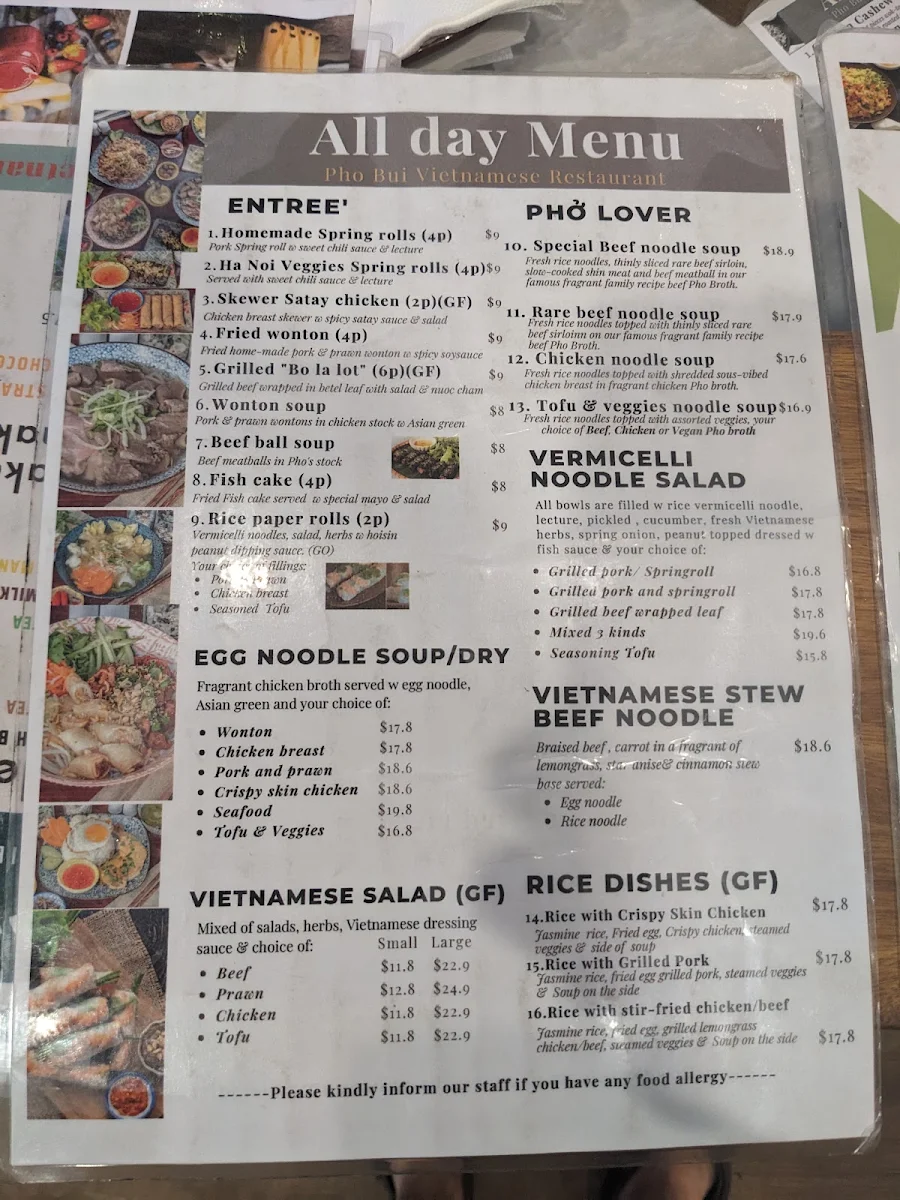 Menu, Pho Bui Vietnamese restaurant