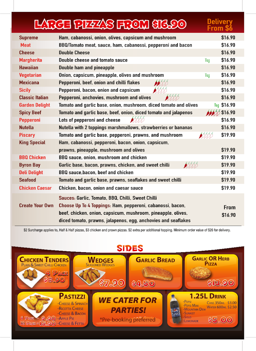 Menu, Pizza King