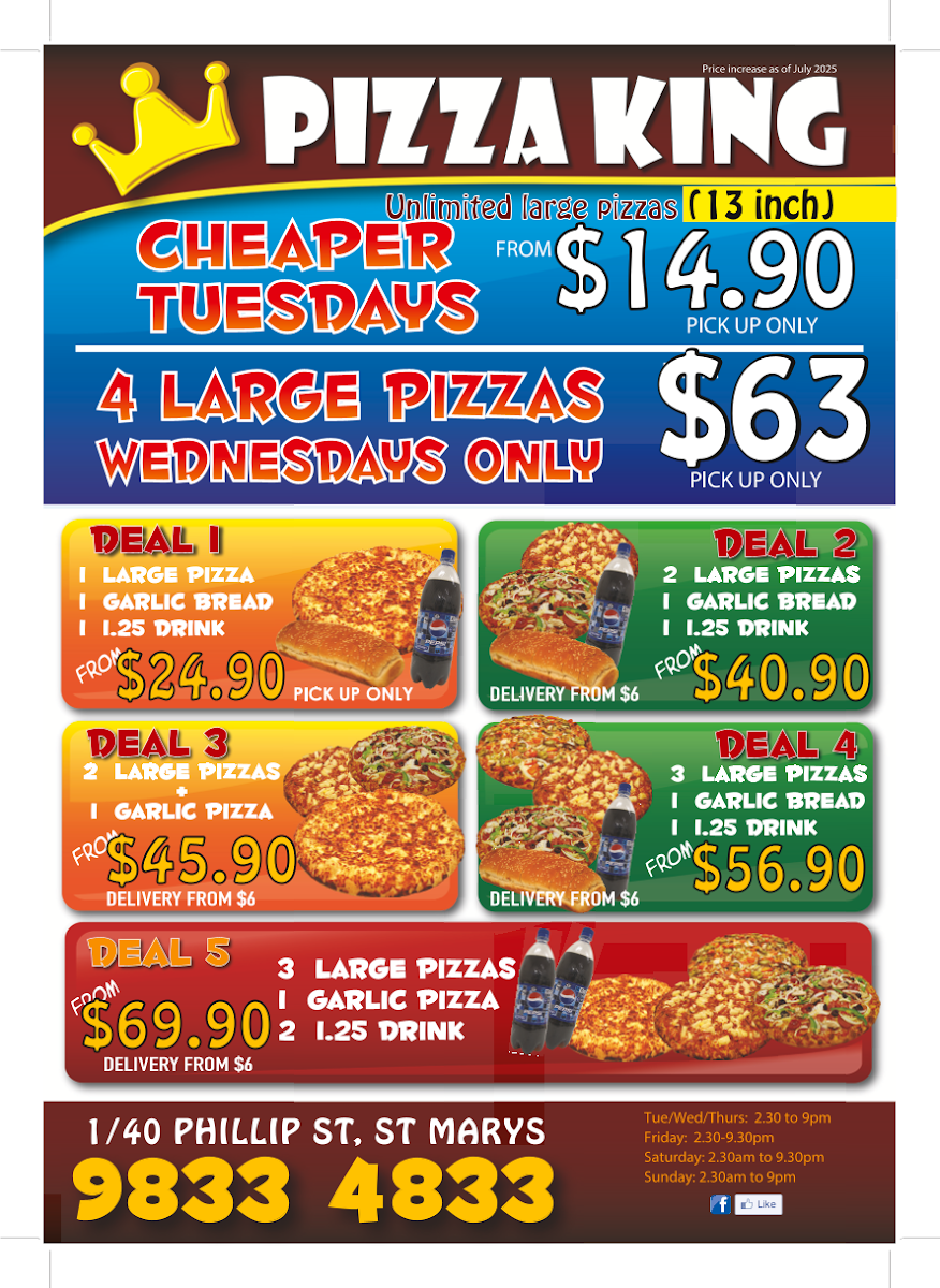 Menu, Pizza King