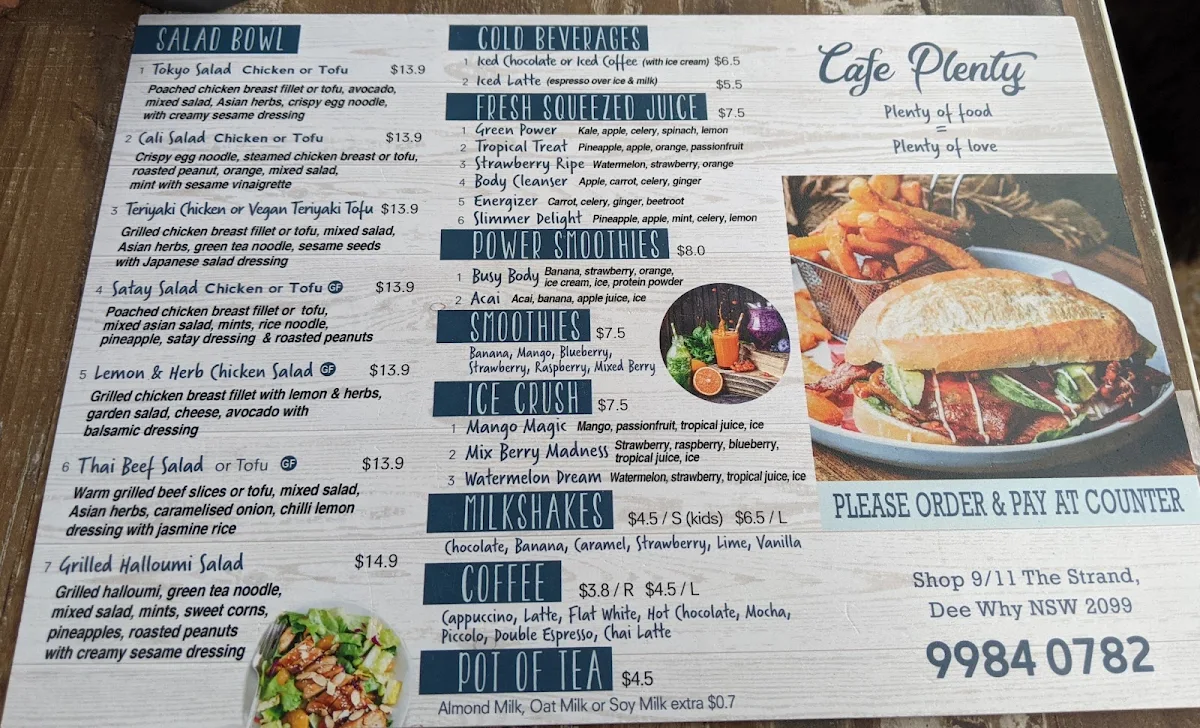 Menu, Cafe Plenty