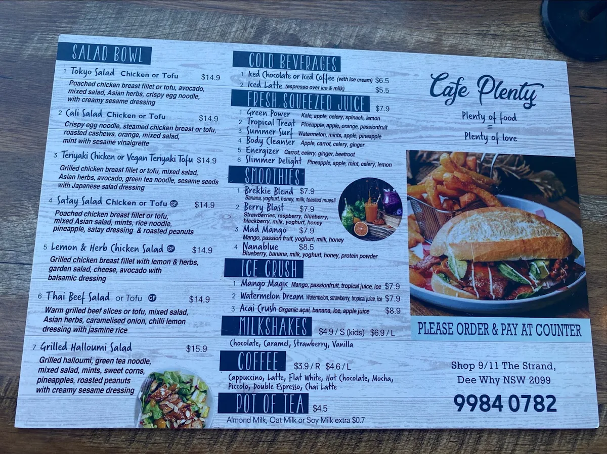 Menu, Cafe Plenty
