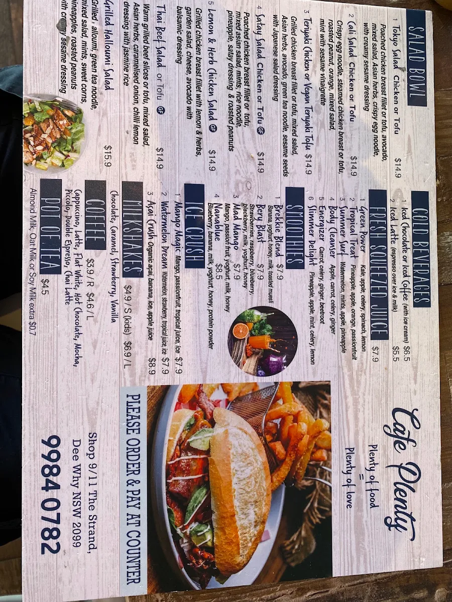 Menu, Cafe Plenty