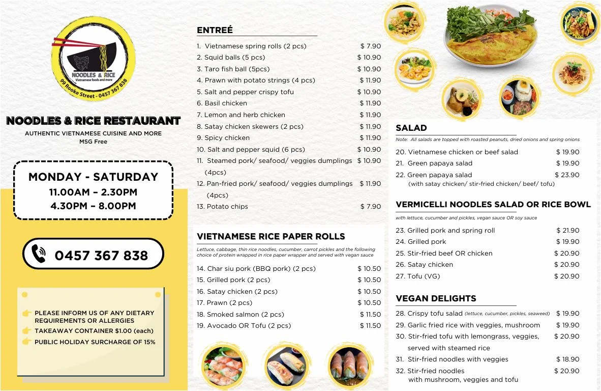Menu, Noodles and Rice Restaurant